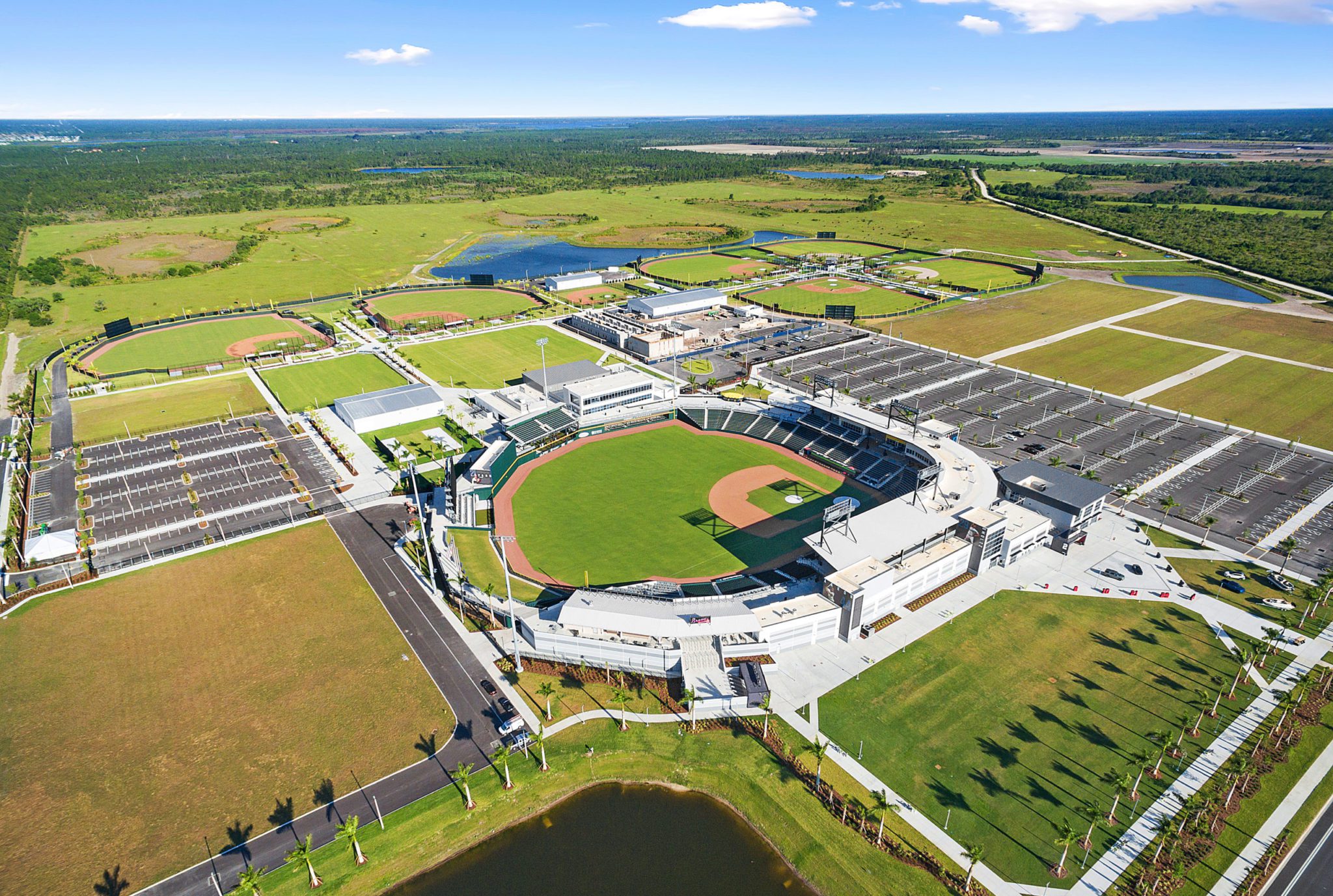 Aerial view of the entire Atlanta Braves Spring Training Facility complex at CoolToday Park