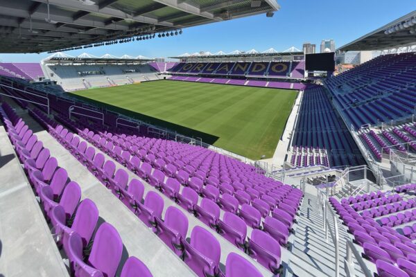Fisheye view of Exploria Stadium seating and soccer field