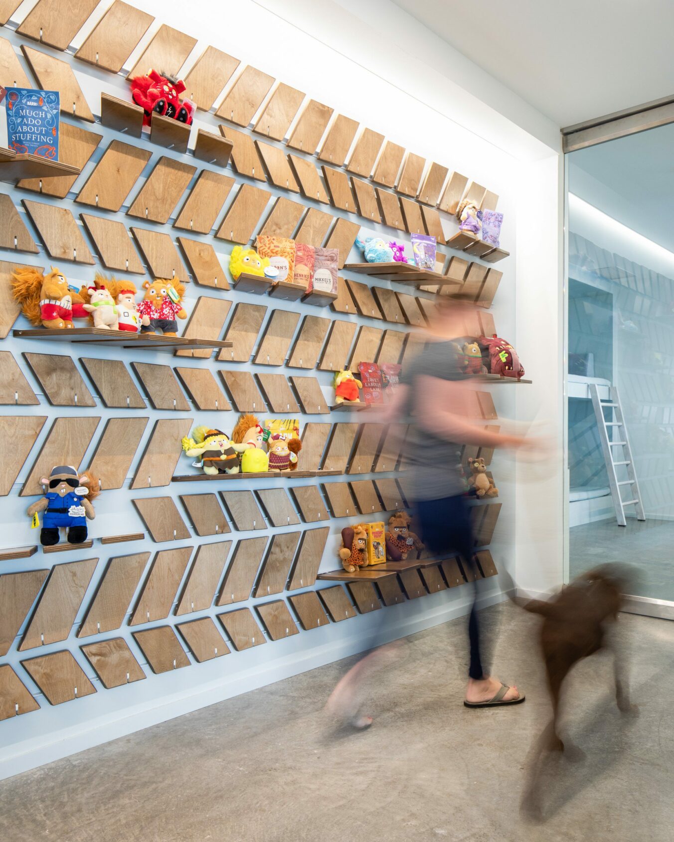 Bark + Co. employee with their dog walking through the recently finish commercial interiors construction project