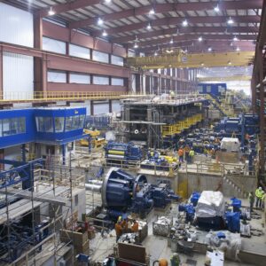 View from upper level of industrial equipment installations