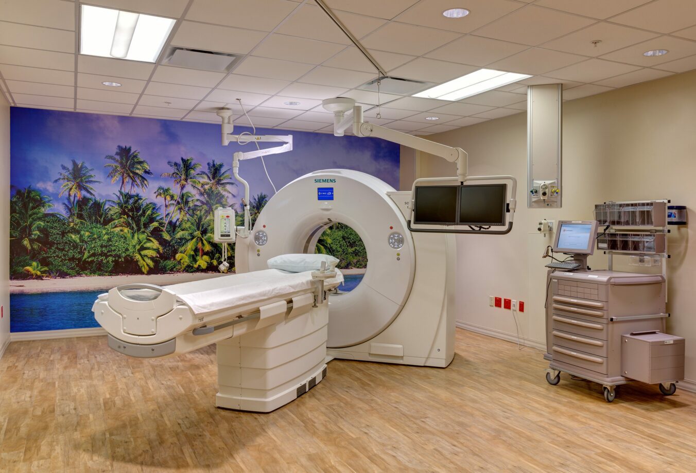 CT scanner in room with palm tree mural on wall