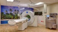 CT scanner in room with palm tree mural on wall