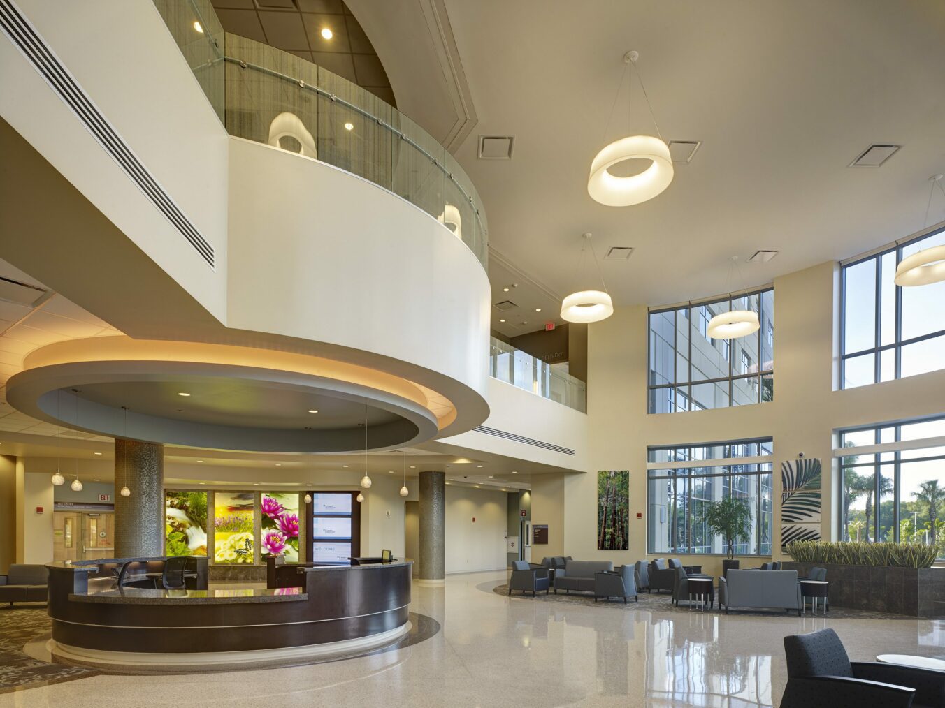 Bright lobby with circular information desk