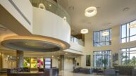 Bright lobby with circular information desk