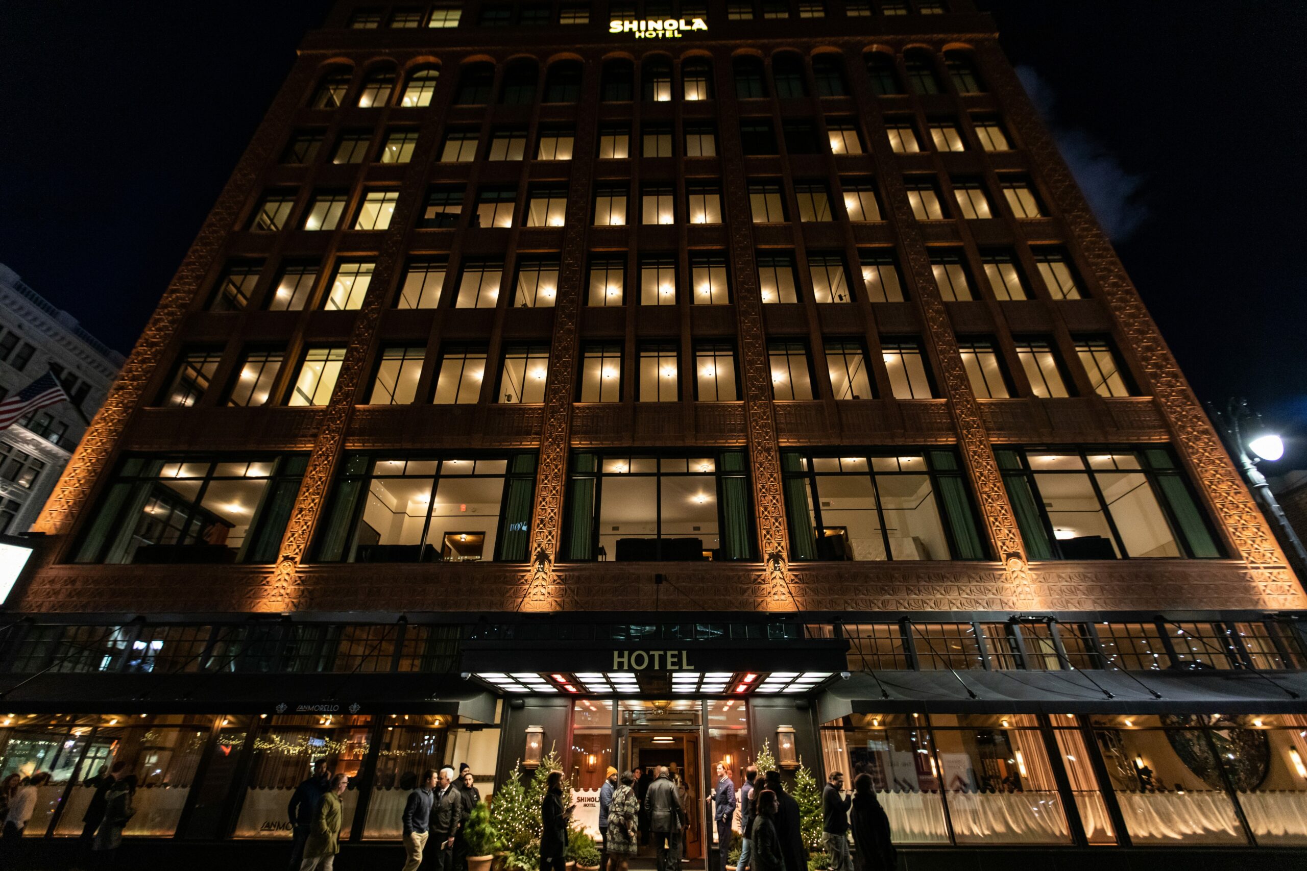 Historic commercial renovation, Shinola Hotel, entrance at night