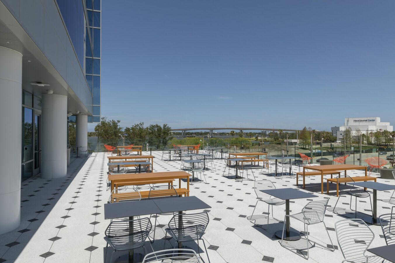 Brown & Brown headquarters building open air terrace with cafe tables