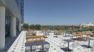 Brown & Brown headquarters building open air terrace with cafe tables