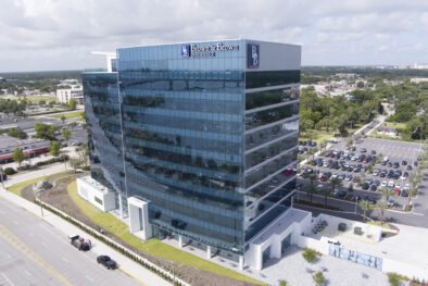 Completed exterior drone photo of Brown & Brown headquarters construction project in Daytona Beach, Florida