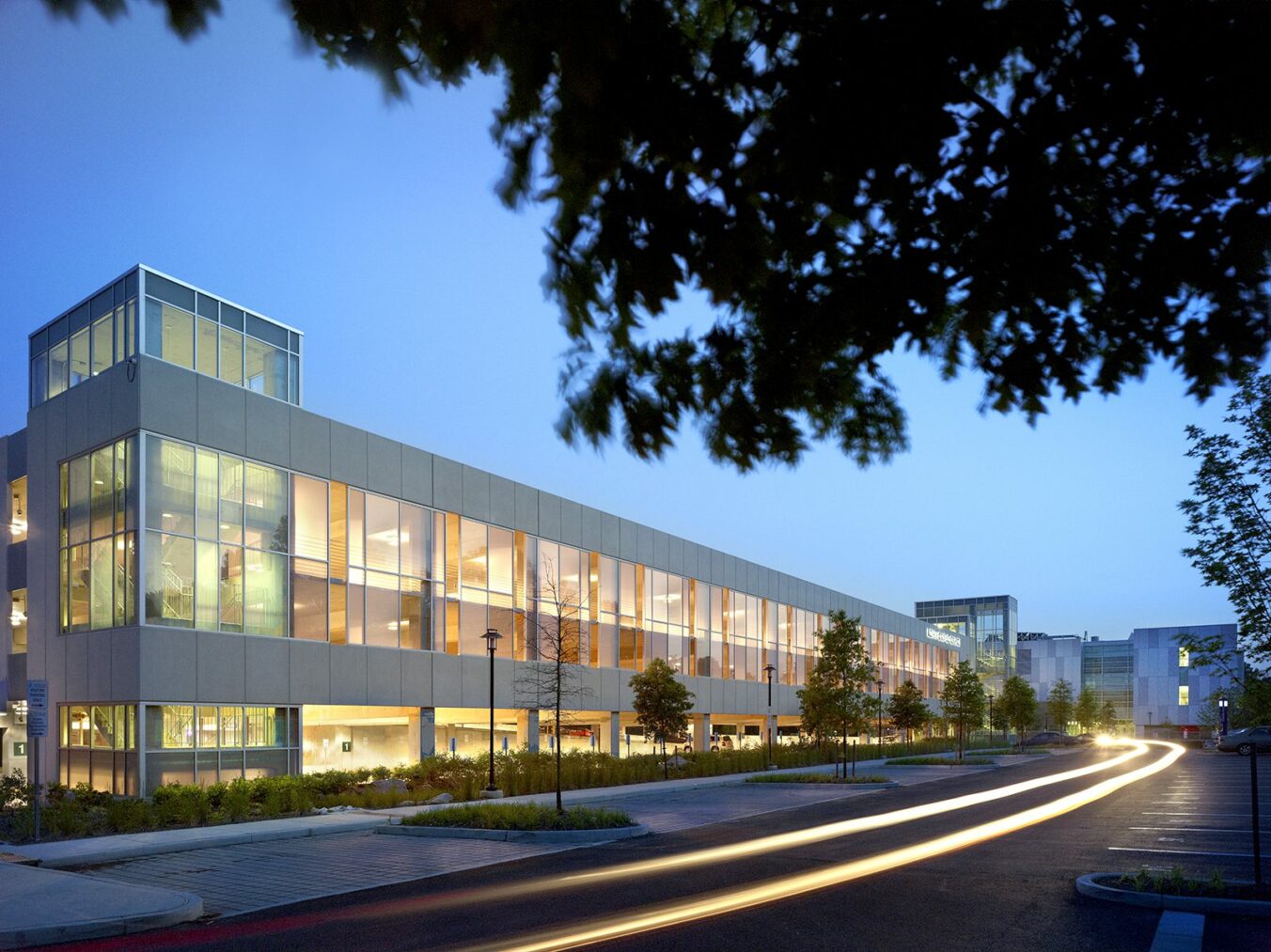 Exterior view of the building's parking garage