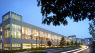 Exterior view of the building's parking garage