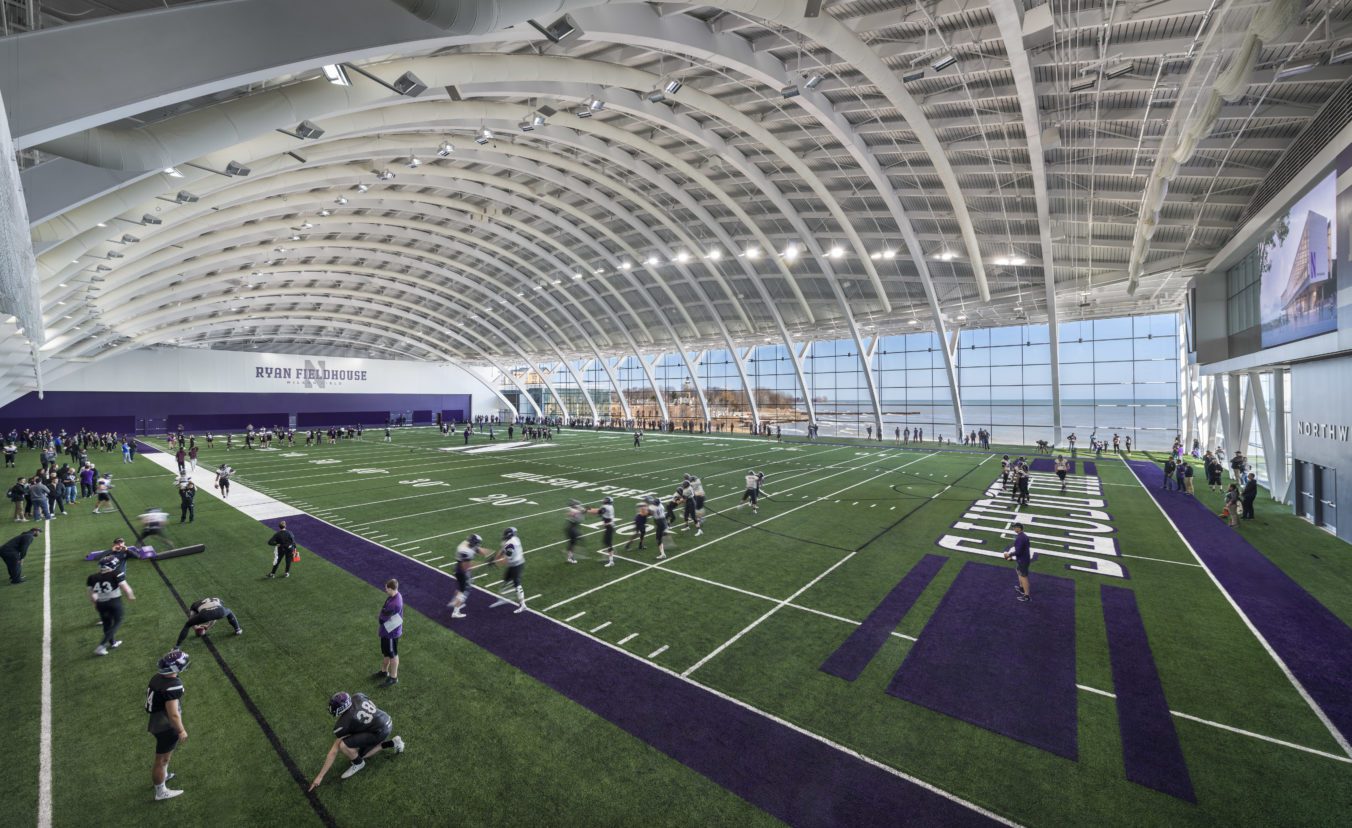 Northwestern University football players practicing on field