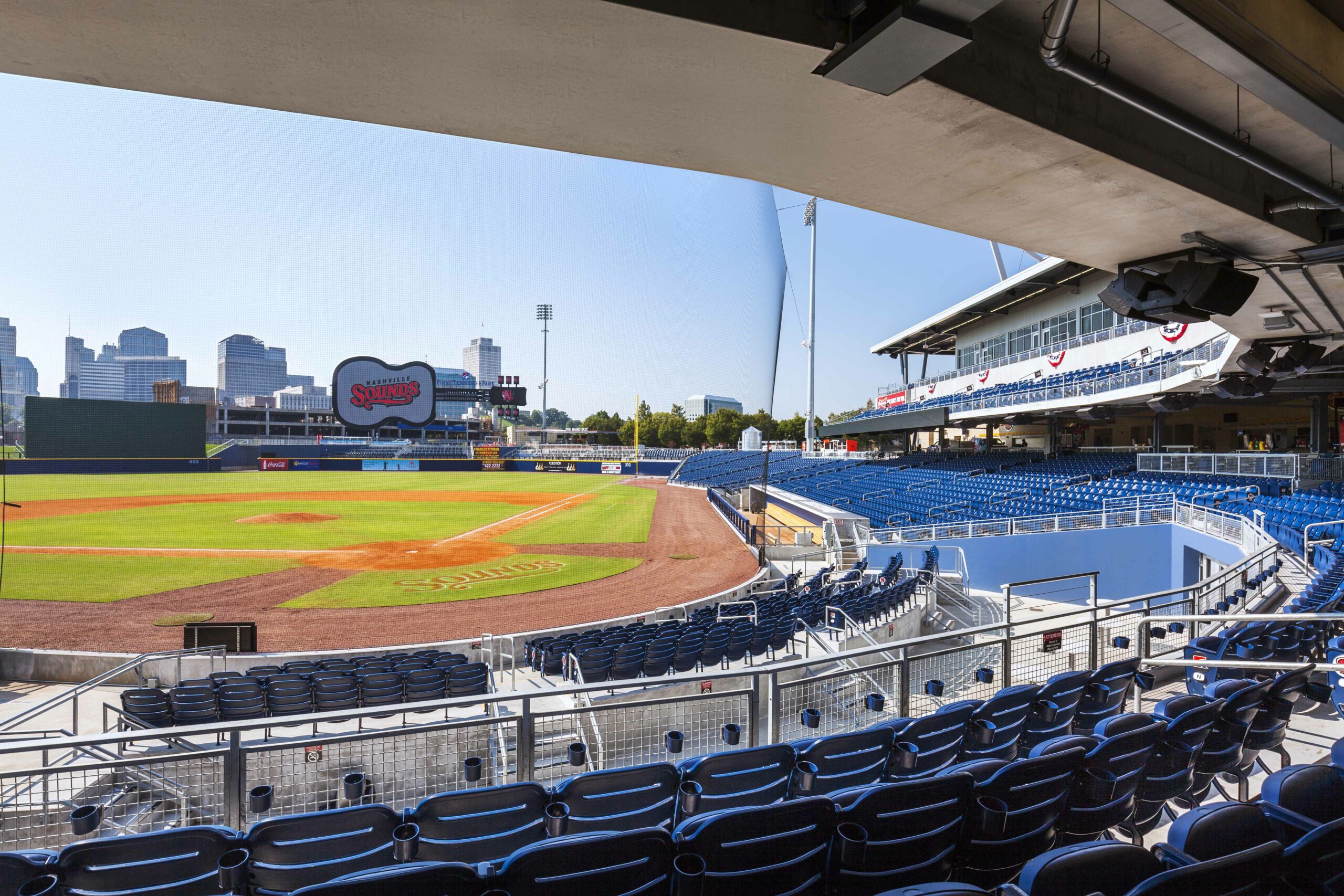 First Tennessee Ballpark, Home of AAA Baseball's Nashville Sounds - Completed Stadium Construction overlooks the the city of Nashville