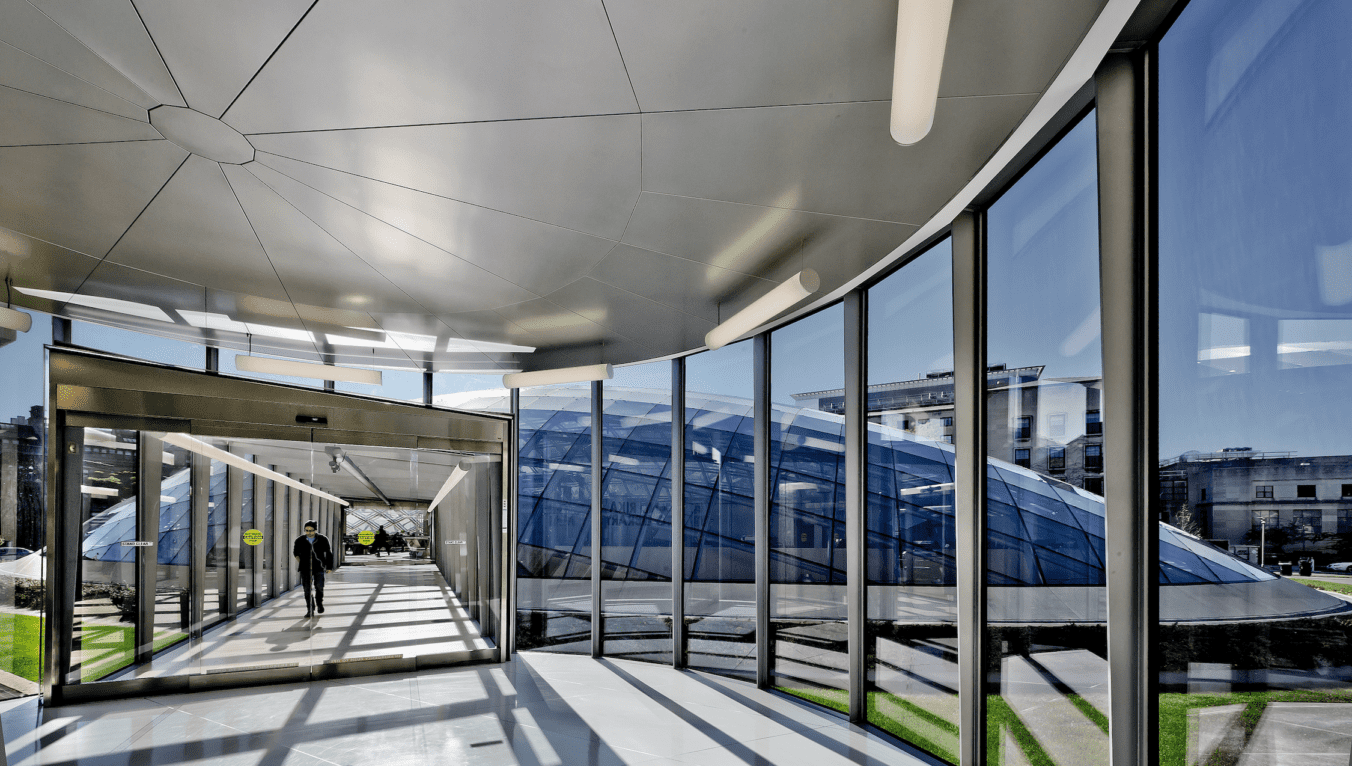 University of Chicago Mansueto Library construction project - hallway with glass panel walls