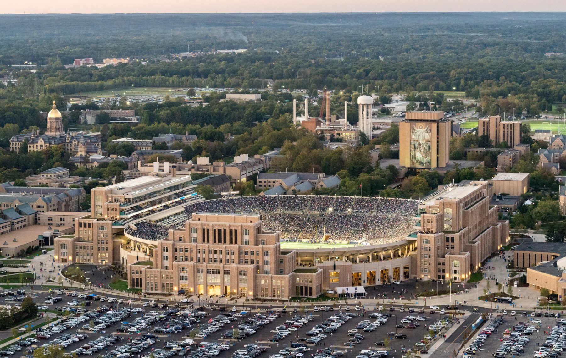 University of Notre Dame Campus Crossroads Stadium Aerial on college game day following renovation