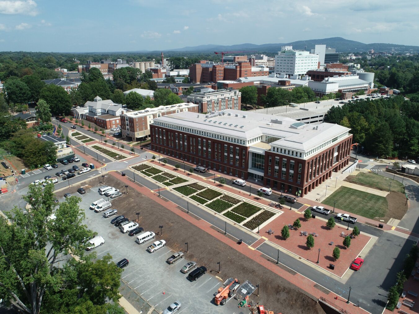 Aerial image of Brandon Avenue at University of Virginia overlooking Student Health + Wellness Center and Green Street Infrastructure project