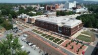 Aerial image of Brandon Avenue at University of Virginia overlooking Student Health + Wellness Center and Green Street Infrastructure project