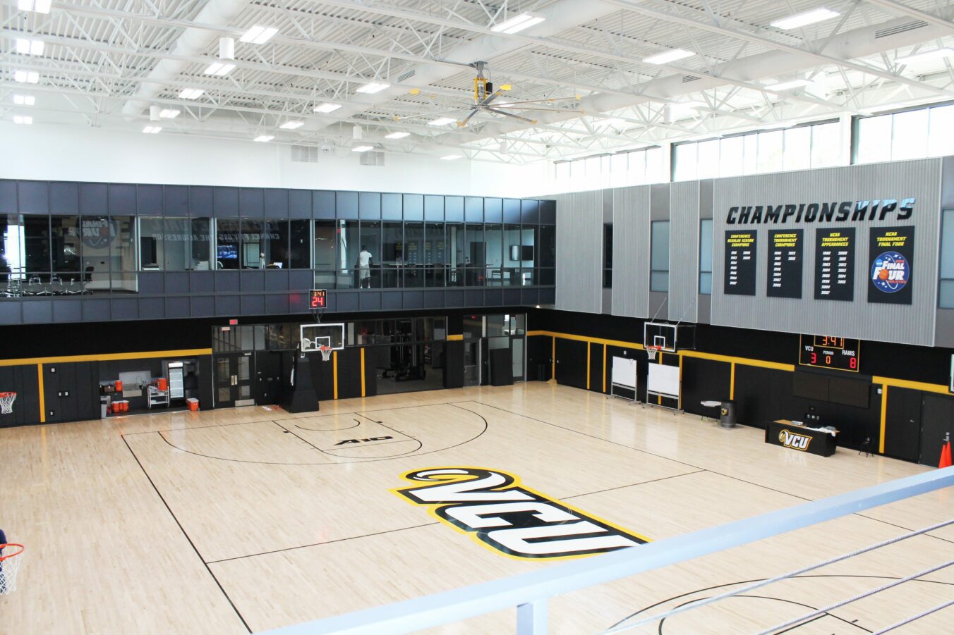 View from second floor of practice basketball court for VCU Athletics
