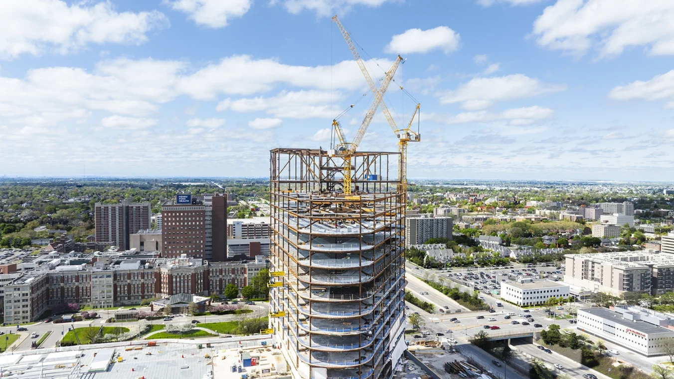 Barton Malow healthcare project Henry Ford Health Destination Grand In Progress Crane and Steel shot